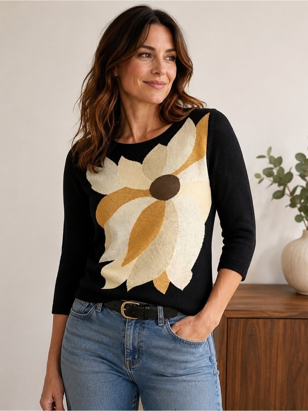 Milli Vintage black cream graphic flower 3/4 sleeve lightweight Italian knit M/L